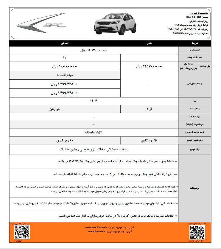 تمدید شرایط فروش BAC X3 Pro